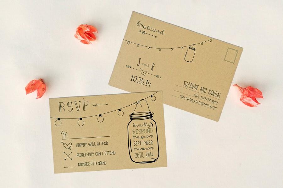 Hochzeit - ANNABELLE: Editable Wedding RSVP Postcard - Double Sided - Rustic Mason Jar Lights - Response Card - Instant Download File - Invitation