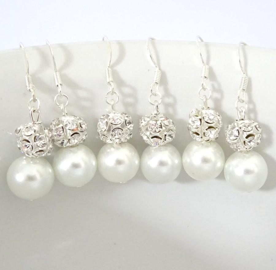 Wedding - Elegant White Pearl Errings, Bridesmaid Earrings, Pearl and Rhinestone Earrings, Pearl and Crystal Bridesmaid Gift, Wedding Jewelry