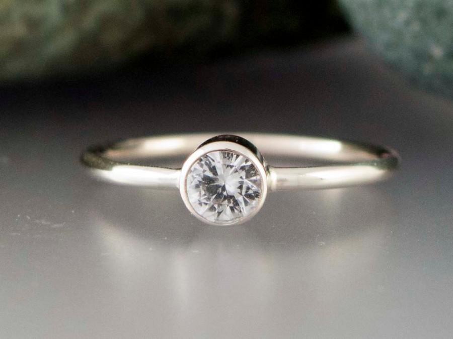 Wedding - White Sapphire Engagement Ring in Solid 14k White Gold