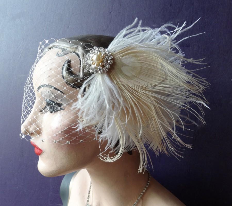 Wedding - Bridal Veil, Peacock Feather Fascinator, Birdcage Veil, Hair Accessory, Wedding Head Piece ,White Peacock, Pearl, Batcakes Couture