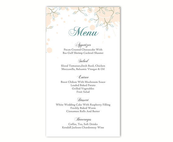 Wedding - Wedding Menu Template DIY Menu Card Template Editable Text Word File Instant Download Peach Menu Leaf Menu Blue Printable Menu 4x7inch