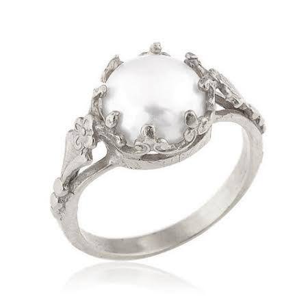 Wedding - White Gold Pearl Ring, 18k Gold Freshwater Cultured Pearl Engagement Ring, Vintage Style Engagement Ring, Unique Engagement Ring
