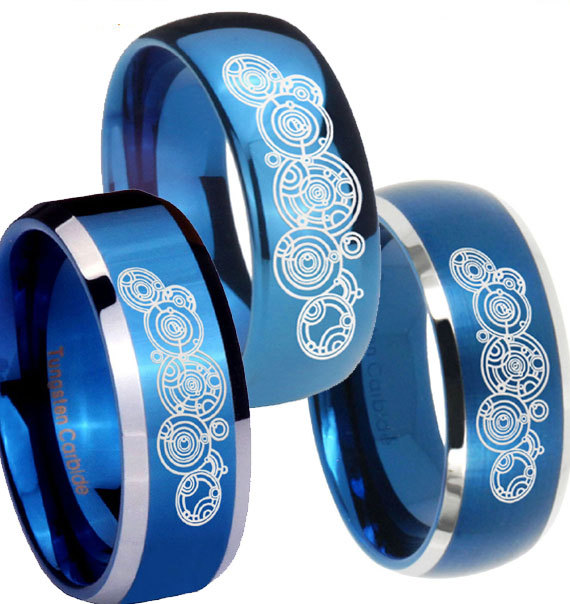 Wedding - Blue IP Doctor Who Dome Beveled Edge Two Tone Engraved Ring Size 7 to 14