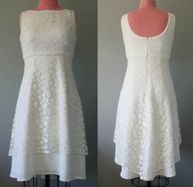 Hochzeit - Diamond White Silk and Cotton Dot Lace Boatneck Scoop Back Hi Lo Tea Length Wedding Special Occasion Dress Size 6-8