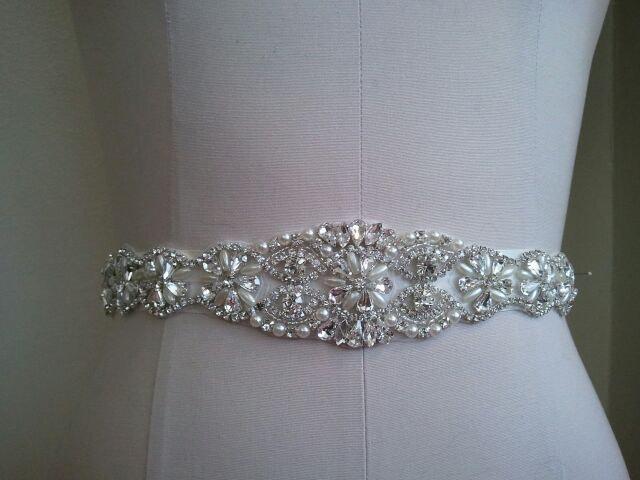 Wedding - SALE - 18 Inches Long Wedding Belt, Bridal Belt, Crystal Rhinestone  & Off White Pearls - Style B800117