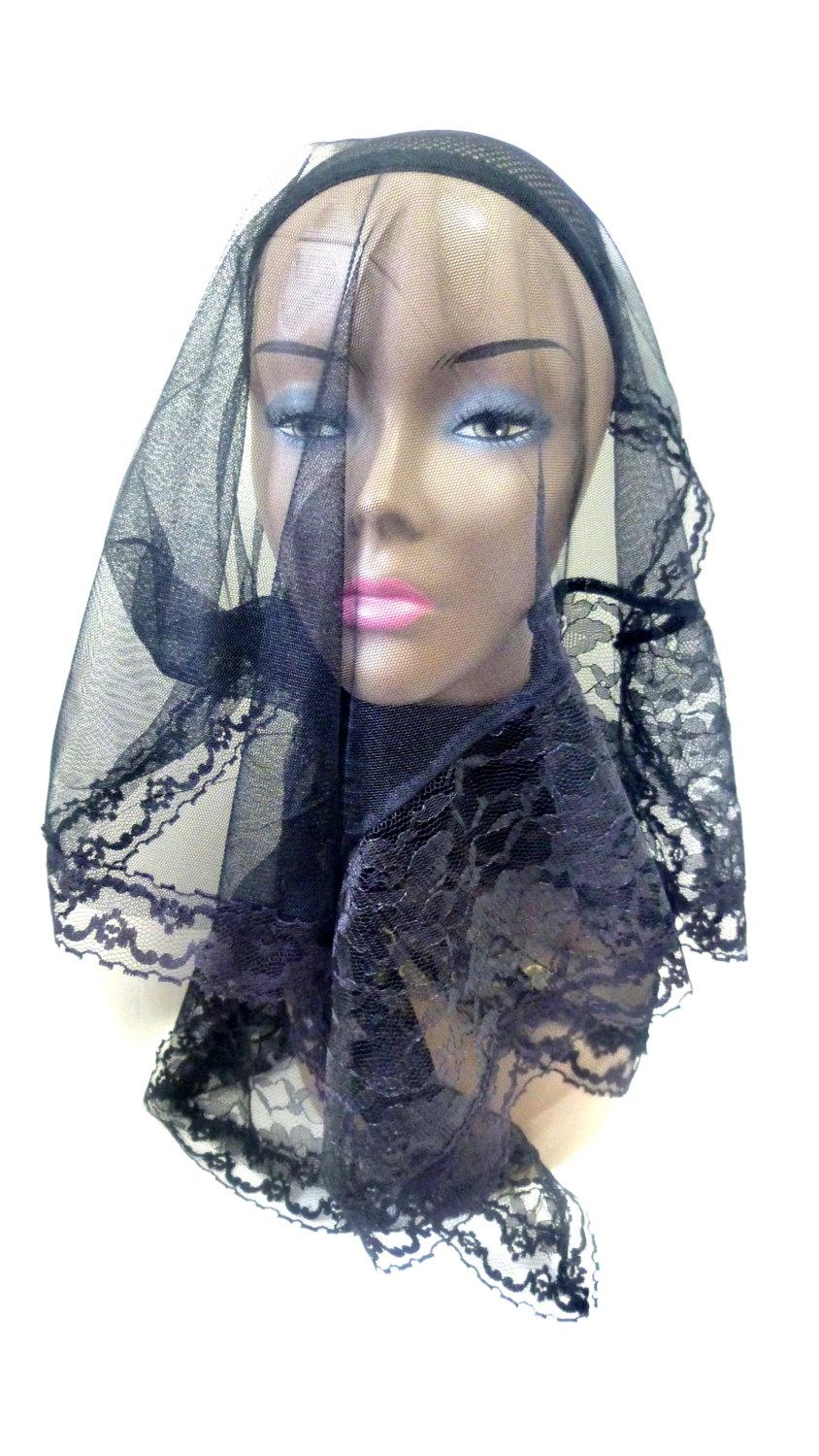 زفاف - Funeral Veil, Chapel Head Covering, Gothic Bridal Accessory Sheer Black Nylon and Lace Scarf, X Long
