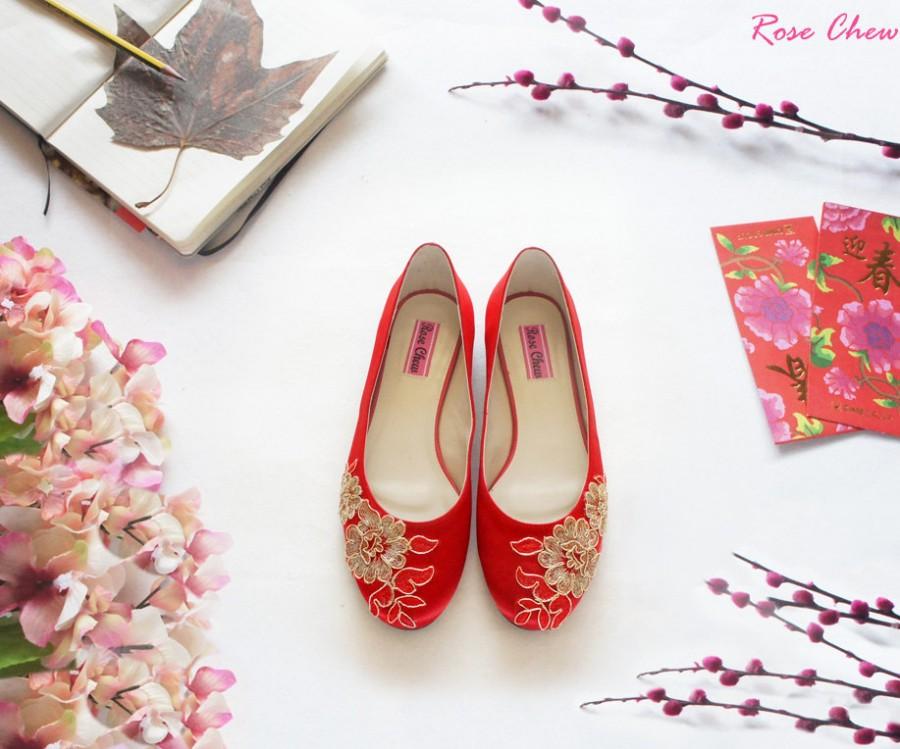 زفاف - Bridesmaid shoes, bridal shoes, red ballet flats, red wedding shoes, lace wedding shoes, Chinese wedding, wedding flats, for her, size39-41