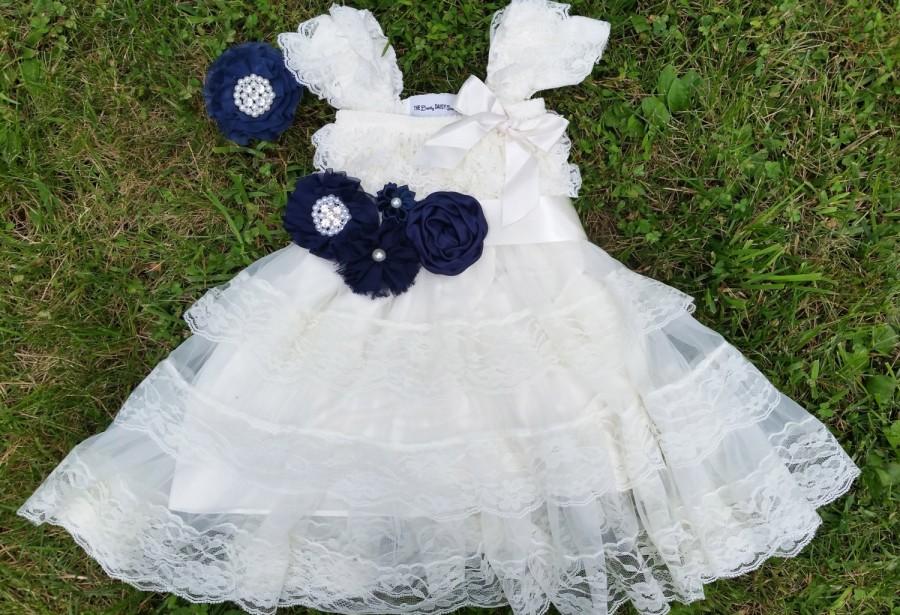 Wedding - Ivory Lace Flower Girl Dress -Lace Pettidress -Vintage Flower Girl Dress - Shabby Chic Flower Girl Dress - Navy Blue Flower Girl Dresses