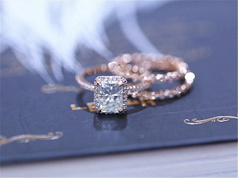Hochzeit - 5x7mm Emerald Brilliant Moissanite Wedding Set Solid 14K Rose Gold Wedding Ring Moissanite Engagement Ring with Diamond Matching Band