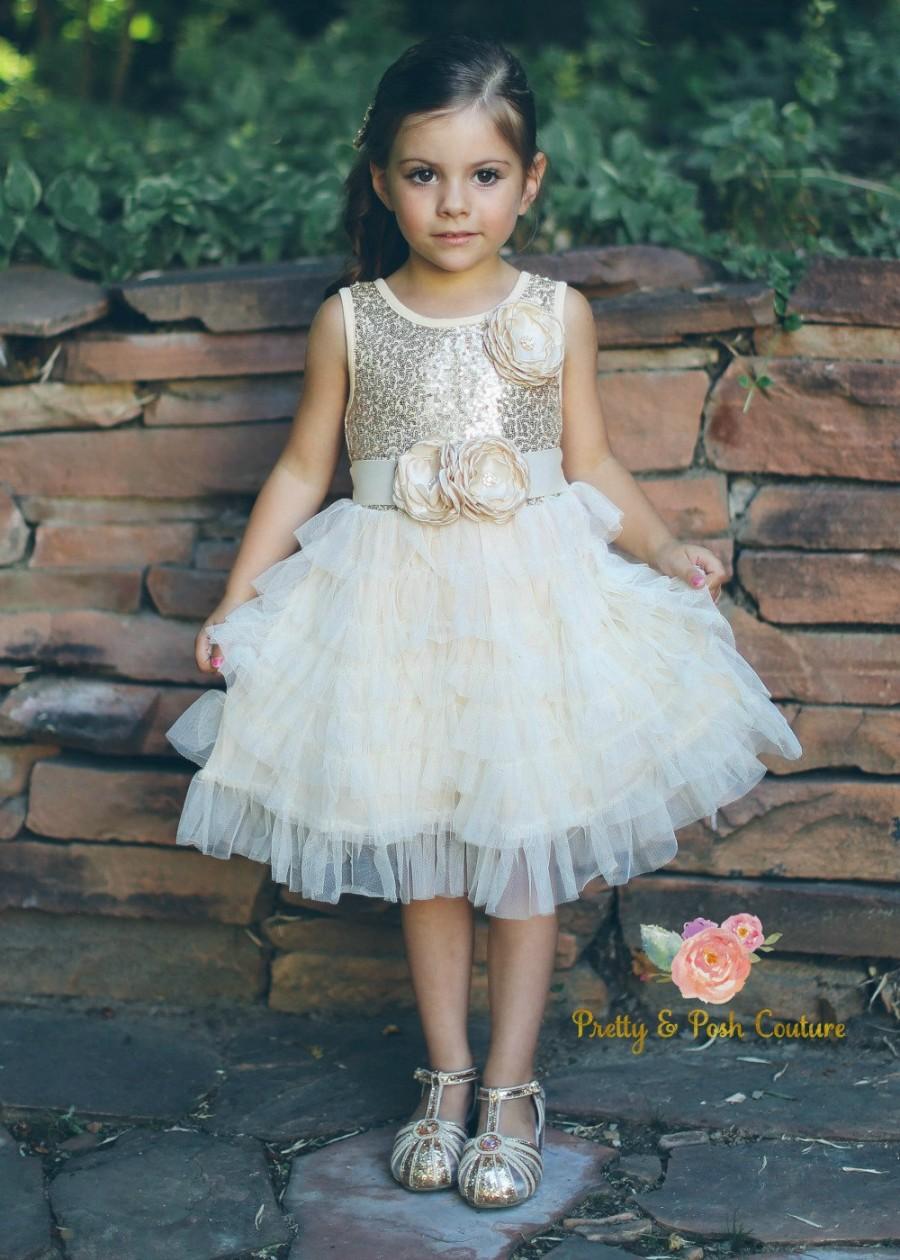 Mariage - Flower girl dress, Cream and gold girl dress,1st Birthday dress,Ivory Tulle dress, Princess dress, Birthday dress,
