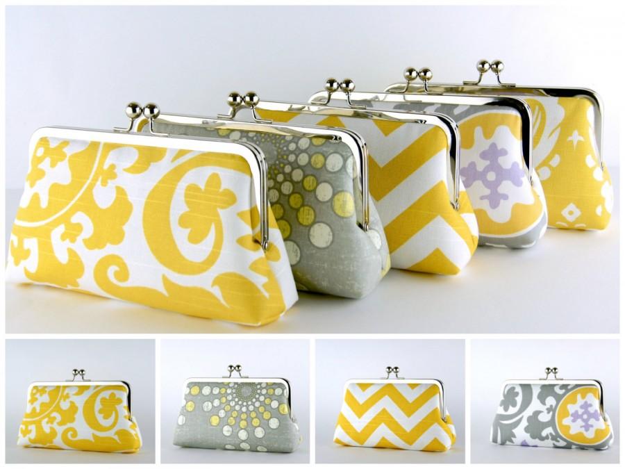 Wedding - Bridesmaid Clutch, Grey and Yellow collection, Silk Lining, Bridesmaid Gift, Wedding clutch