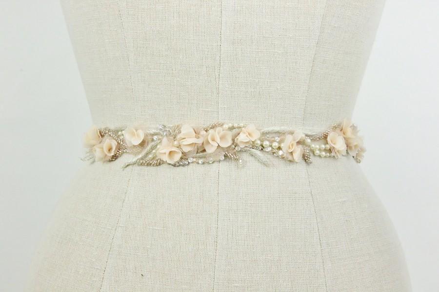 Свадьба - Wedding Belt, Floral Bridal Sash, Blush Pink Floral Delicate Pearl Beaded Jeweled Wedding Accessories, Rustic, Camilla Christine, BEGONIA