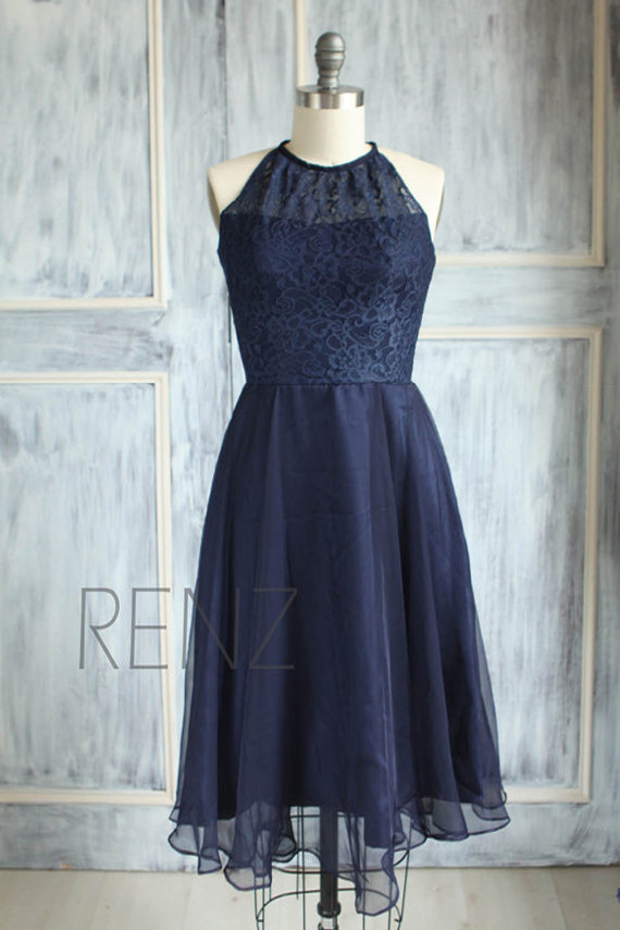 زفاف - 2015 Navy Blue Lace Bridesmaid dress, High Halter Evening dress, Chiffon Party dress, Womens Formal dress, Prom dress Knee length (B080B)