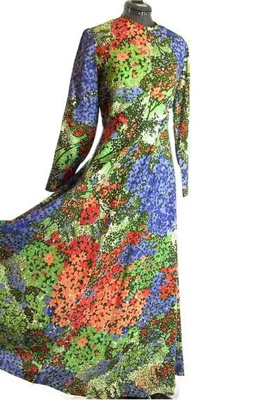 زفاف - Vintage 1970s Floral Party Prom Dress, Mod Flowered Maxi Dress, Modern Size 8, Small