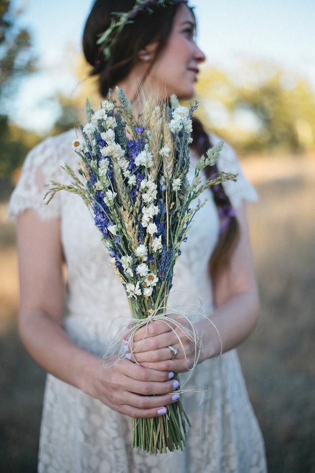 Mariage - Wildfower Wedding  Brides Bouquet of Lavender Larkspur Wheat and other dried flowers