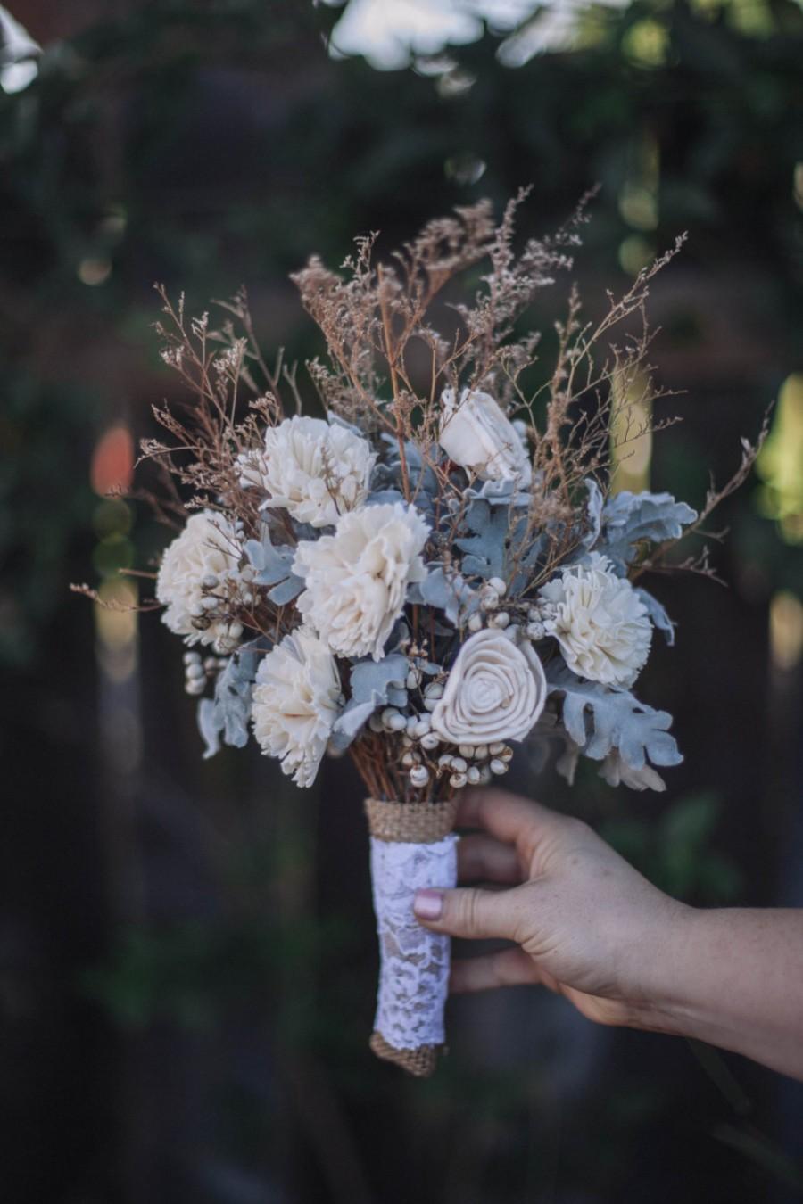 زفاف - Rustic Dried Bouquet with Sola Flowers, Tallow Berries and Dusty Miller