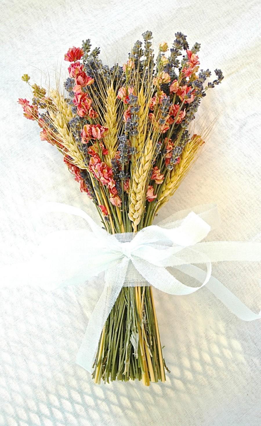 Hochzeit - 6  Summer or Fall Wedding  Bridesmaid Bouquets of Lavender Coral Peach Larkspur and Wheat