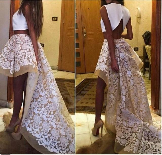 Mariage - Sexy 2016 New Arrival Custom Made Prom Dress O Neck Hi-Lo Two Pieces Satin Lace A-Line Party Dress Robe De Soiree Long Kaftan Online with $100.53/Piece on Hjklp88's Store 