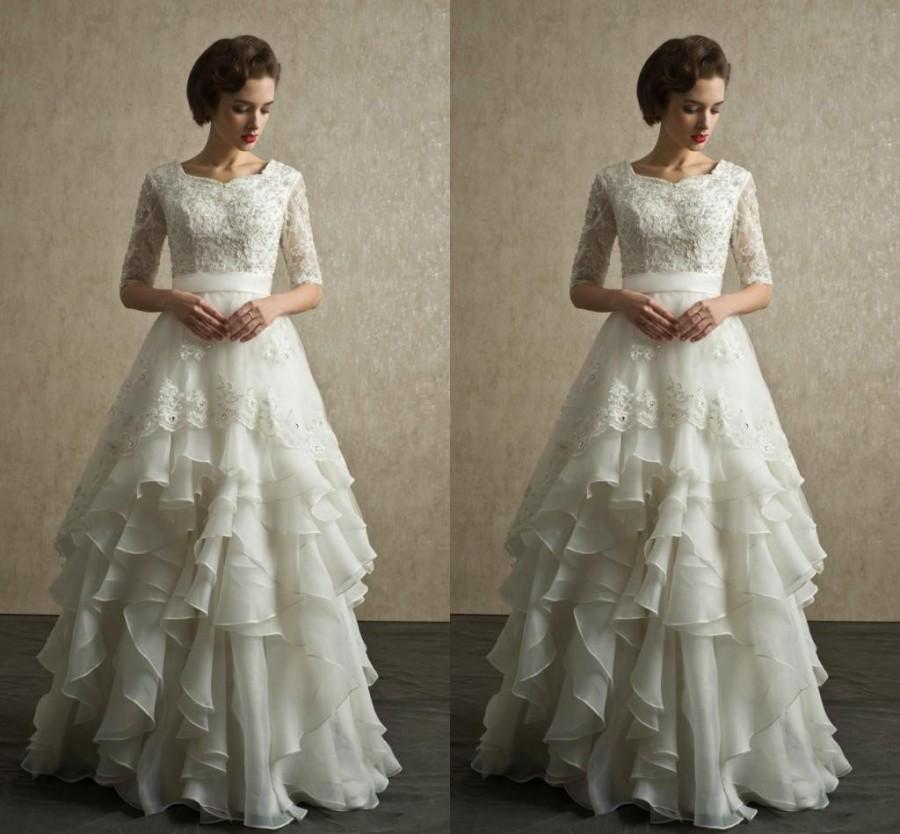 Wedding - Half Sleeves Wedding Dresses 2016 New Arrival Modest Wedding Gowns With Sleeves Lace Organza Floor Length Beach Bridal Dresses Full Back Online with $137.07/Piece on Hjklp88's Store 