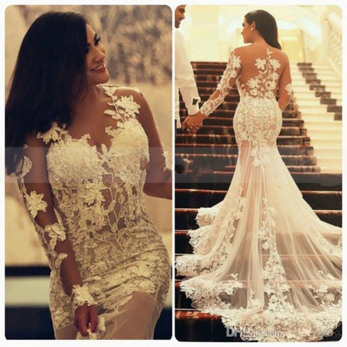 زفاف - 2016 Sexy Arabic Mermaid Lace Wedding Dresses Long Sleeves Crew Neck Appliques Ruffles Vintage Arabic Wedding Party Gowns Online with $120.16/Piece on Hjklp88's Store 