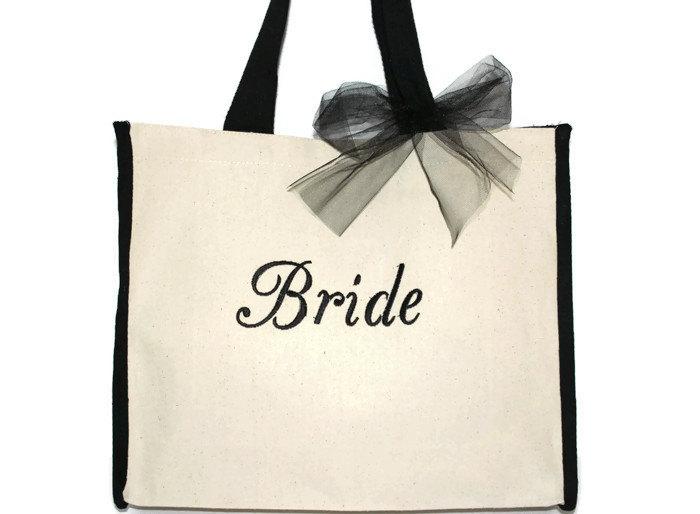 زفاف - SALE 10% off, Brides Tote Bag, Natural Canvas Tote, Black Embroidered Bag, Beach Bag