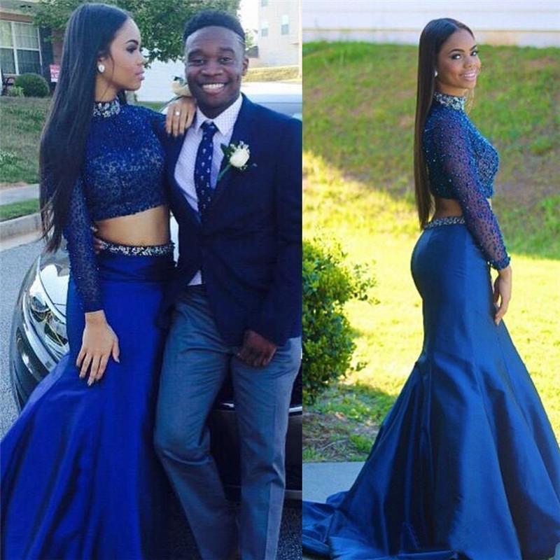 Wedding - 2016 Royal Blue Two Pieces 2K15 Prom Dresses Long Sleeves Mermaid High Neck Evening Dresses Cheap Long Party Gowns Custom Made Online with $131.52/Piece on Hjklp88's Store 