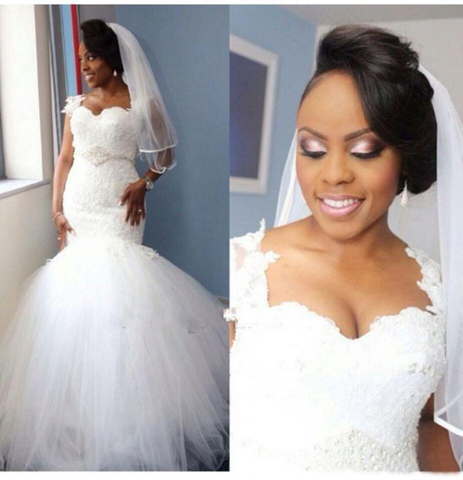 زفاف - 2016 Nigerian Mermaid Wedding Dresses Cheap Lace Tulle Church Bride Gown Appliques Beaded Sash Church Plus Size Bridal Gowns Online with $140.63/Piece on Hjklp88's Store 