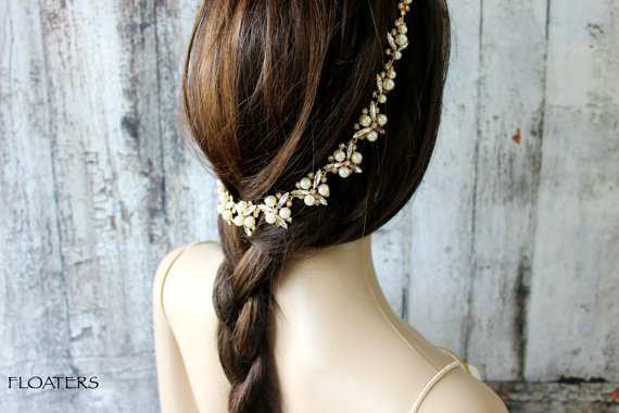 Wedding - Bridal Pearl Headband, Bridal Headband, Hair Chain, Wedding Hair Jewelry, Gold Headband, Pearl Headband