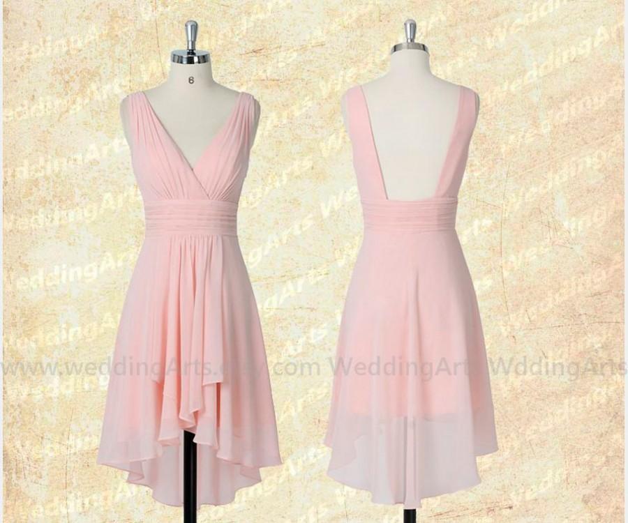 Wedding - Abby - Made in Canada Bridal Bridesmaid dress High low dress chiffon dress prom dress V-neck low back pink Custom 120 colors Any size