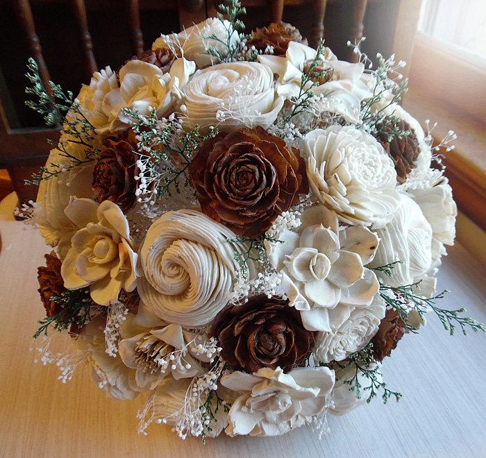 Wedding - Rustic Cedar Rose Bouquet, Cedar Roses, Sola Flowers, Burlap, Lace, Rustic Wedding Bouquet. Made to Order.