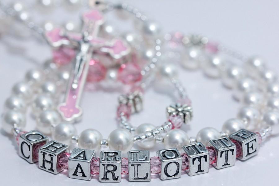 Свадьба - Personalized Rosary in Pearl & Pink Crystal
