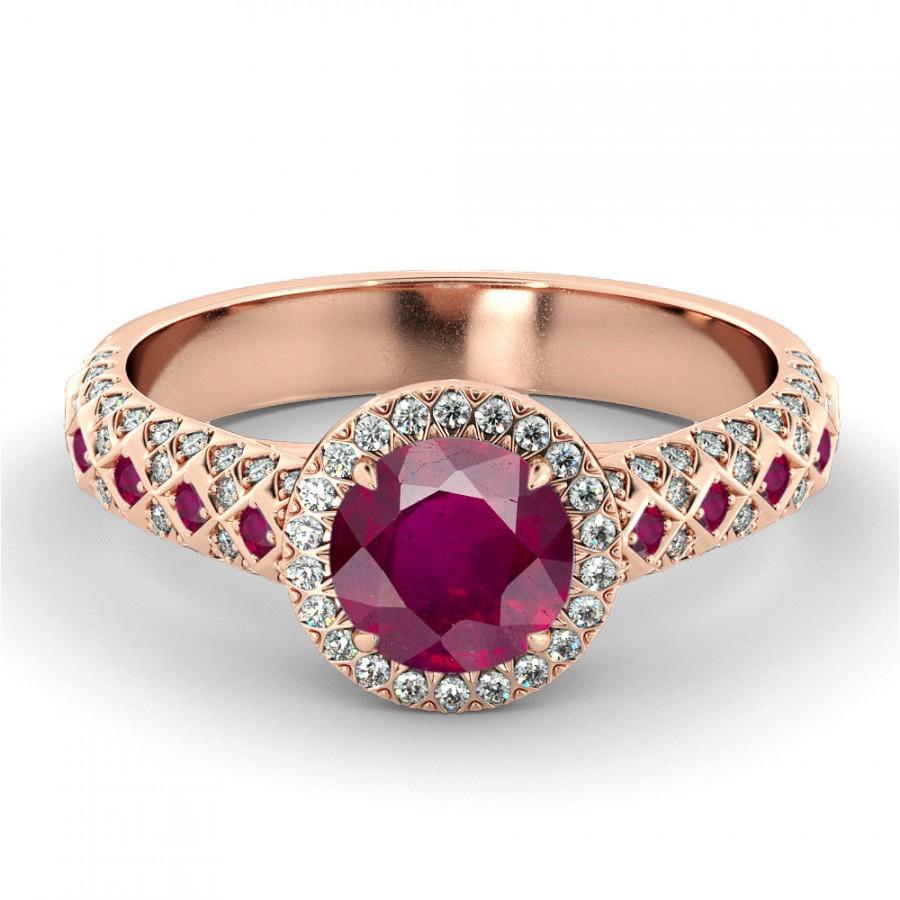 زفاف - 2.00 CT Natural 7MM Halo Ruby Filigree Engagement Ring 14k Rose Gold Large Ruby Ring