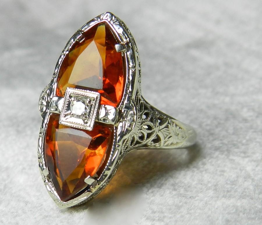 Wedding - Belais Ring 1920 Rare Belais "Madeira" Citrine Engagement Ring 14K Edwardian Citrine Ring Diamond Ring Unique Engagement November Birthday