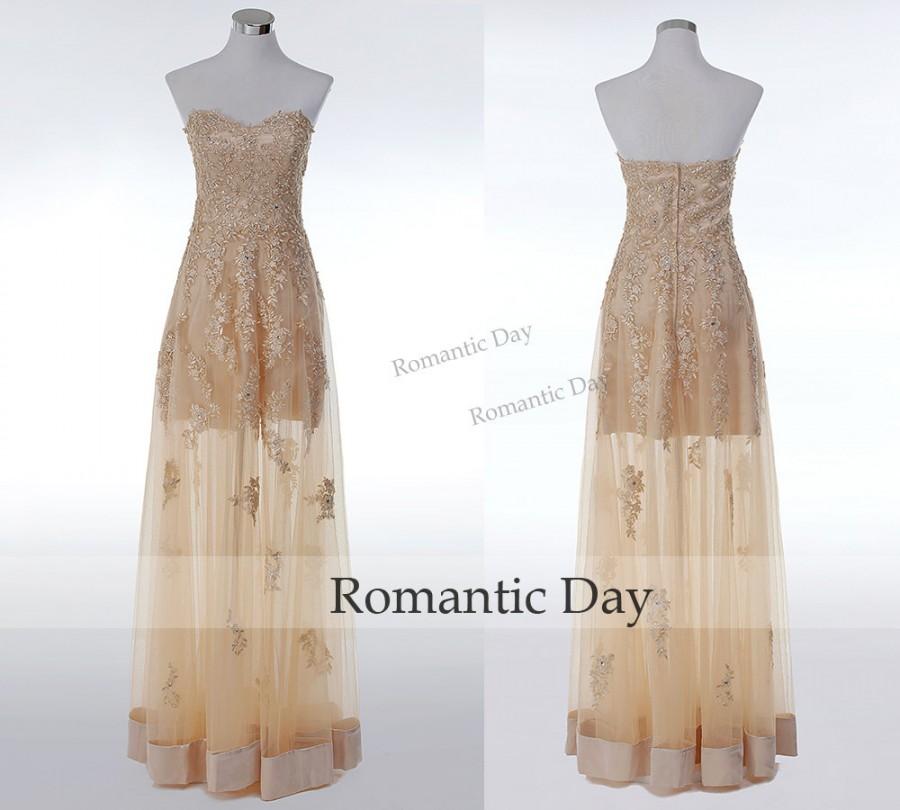 زفاف - Sexy Appliques See Through Skirt Champagne Lace Long Prom Dresses 2015/Prom Party Dress/Custom Made 0409