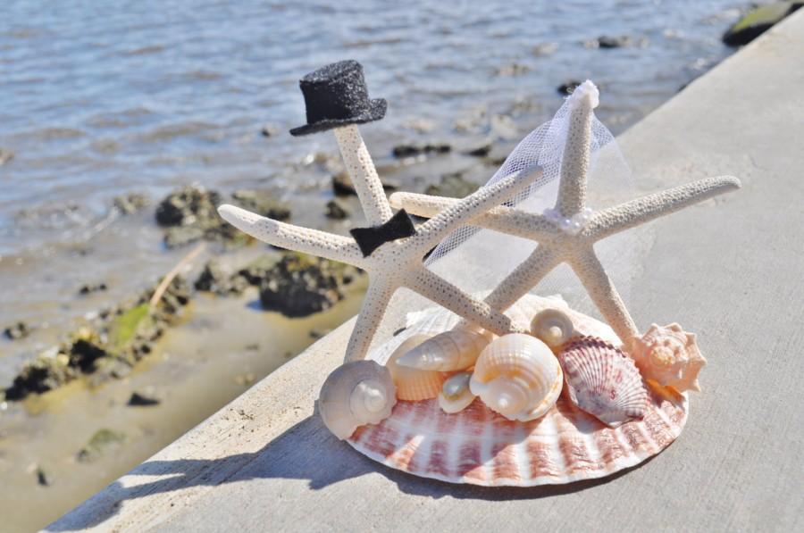 Wedding - SALE- Bride and Groom Cake Topper White Pencil Real Starfish on a Giant Real Scallop - Customize your Wedding!