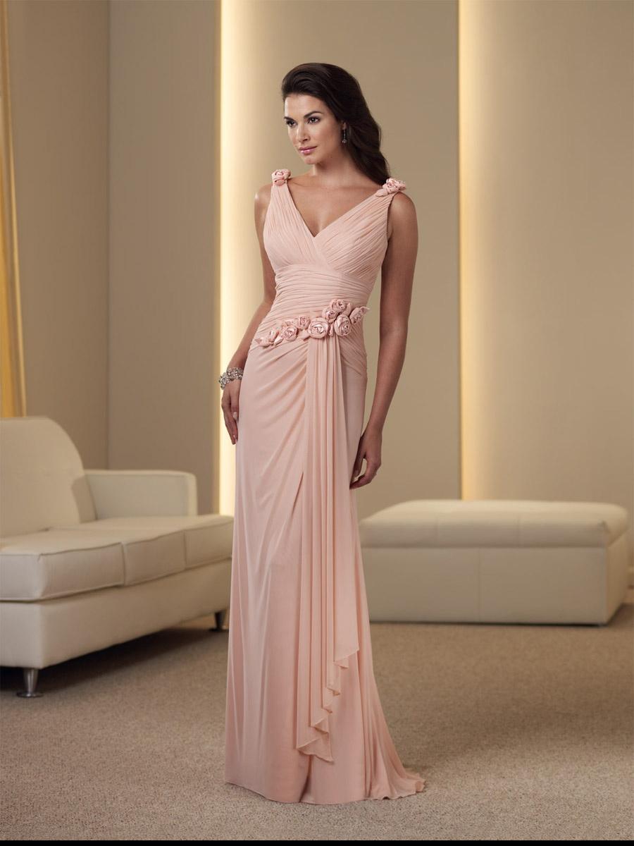 Hochzeit - V Neck Asym Pink Long Flower Trimed Evening Dress Online