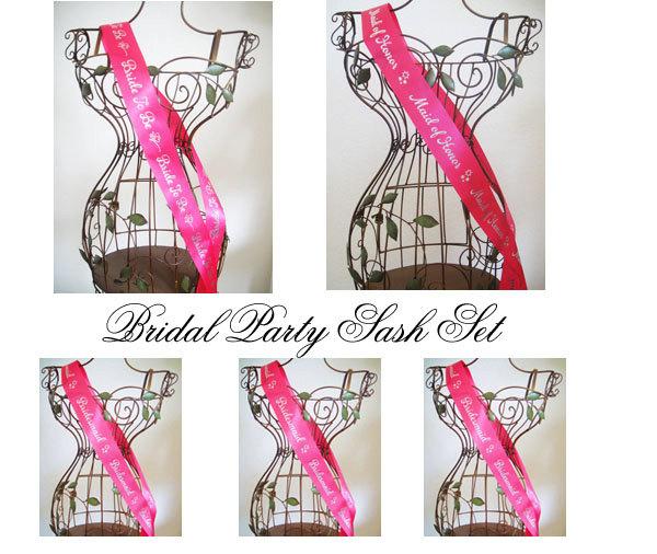 Wedding - Bridal Party Sash Set - Hot Pink with Silver Print
