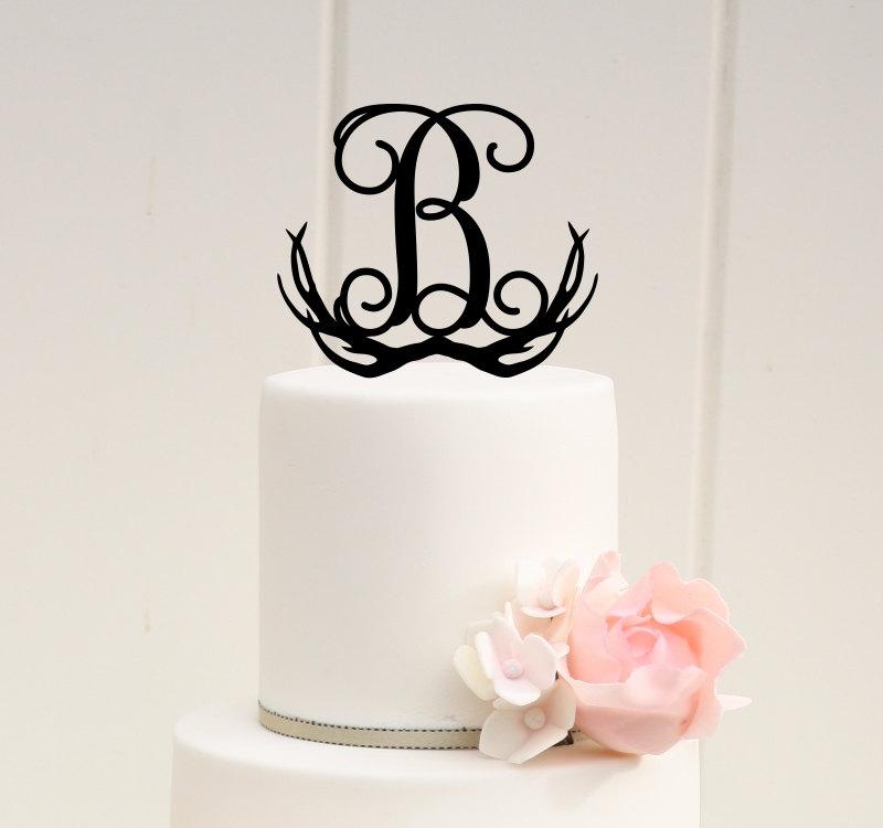 زفاف - Antler Wedding Cake Topper - Deer Hunter Cake Topper - Initial Cake Topper