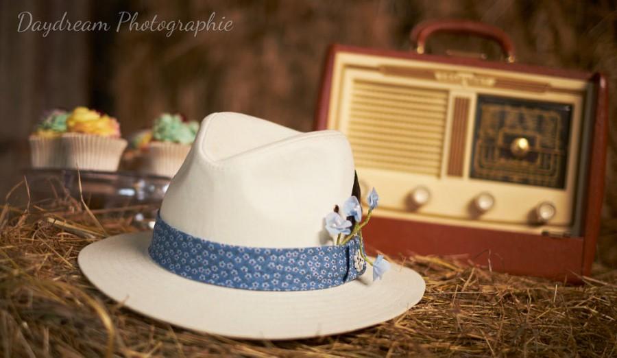 Mariage - Groom hat - fedora with silk flowers - white and blue wedding