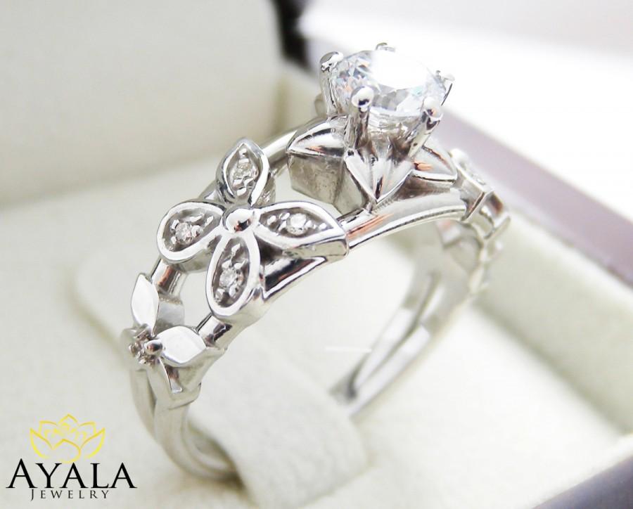 Hochzeit - 14K White Gold Flower Engagement Ring Diamond Ring Flower Ring Engagement Ring Diamond Engagement Ring