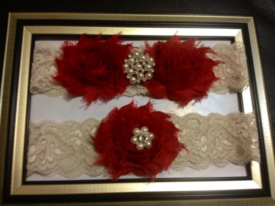 Hochzeit - Red Wedding Garter -  Bridal Garter Set - Ivory Stretch Lace - Red Chiffon Flowers - Pearl Rhinestone embellishment...
