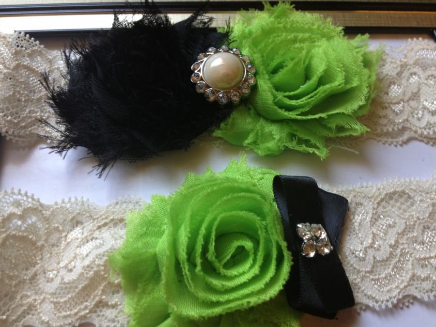Свадьба - Lime green/Black and Ivory Wedding Garter Set - Ivory Stretch Lace -Lime Green/Black Chiffon Flowers ...