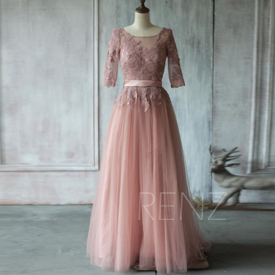 زفاف - 2015 Dusty Rose Bridesmaid dress, A line Mesh Wedding dress, Lace Top 3/4 Sleves Cocktail dress, Scoop Formal dress floor length (TS153)