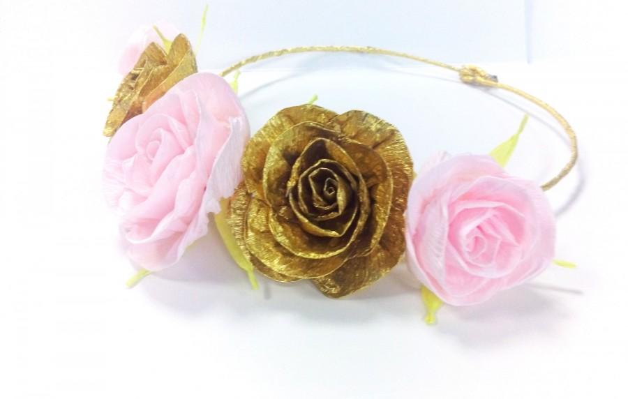Mariage - gold Pink bride Crown Flower Girl Wreath Festival Floral Crown Halo gold Pink Hair Wreath bridesmaid pink gold Baby Shower first birthday