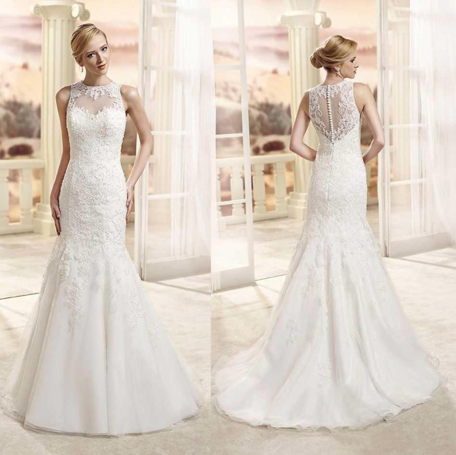 Wedding - Gorgeous Crew Lace Wedding Dresses Sheer Covered Buttons Chapel Train Sleeveless Latest 2016 Spring Bridal Gowns Custom Made Charming Online with $120.16/Piece on Hjklp88's Store 