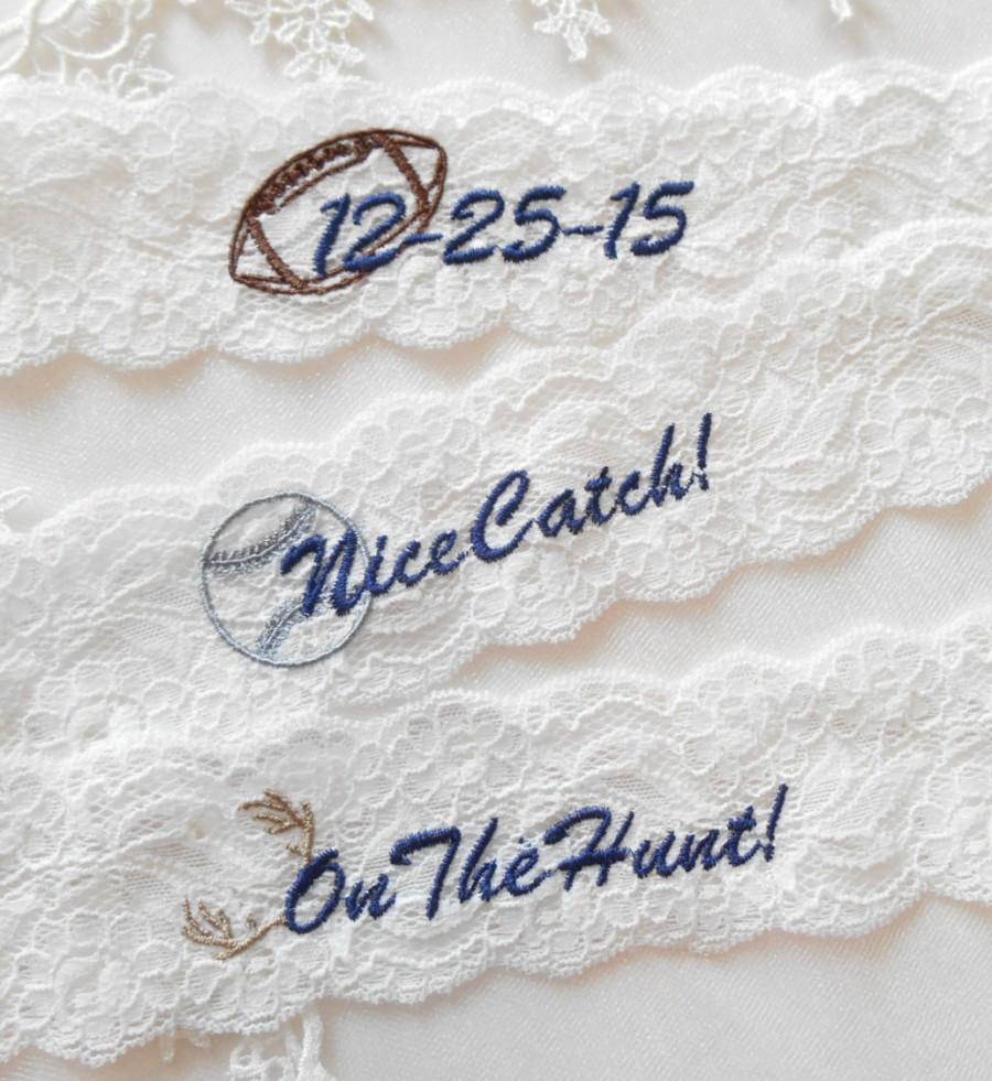 Mariage - SPORTING and HUNTING THEME Custom Embroidered Single Garter Toss Wedding Garter Single Toss Bridal Garter Floral Stretch Lace Single