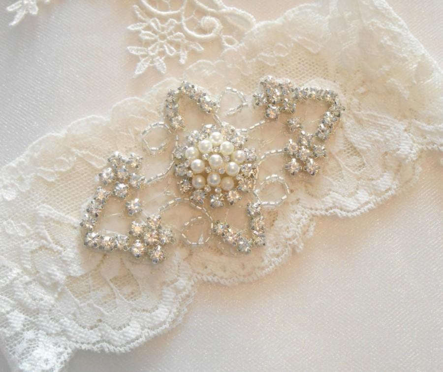 Hochzeit - FRANCESCA Wedding Garter Set Ivory or White Lingerie Lace MONOGRAM OPTION Bridal Garter Set With Petite pearl cluster Garter Set.