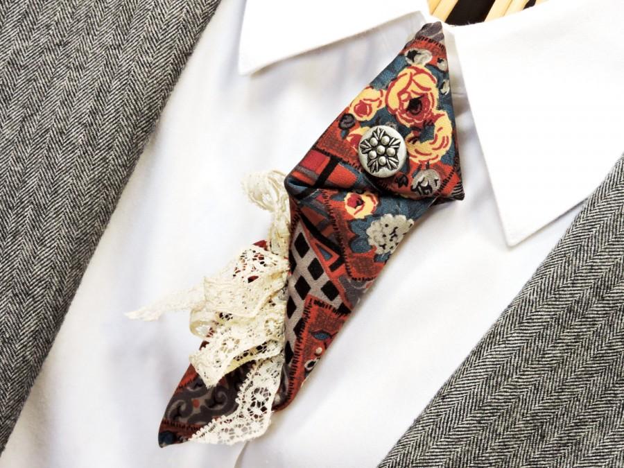 Mariage - Silk Necktie Brooch Arrow Neck Tie Eco Chic Unique Upcycled Mens Tie Fabric Pin Small Ascot Alternative Boutonniere itsyourcountryspirit