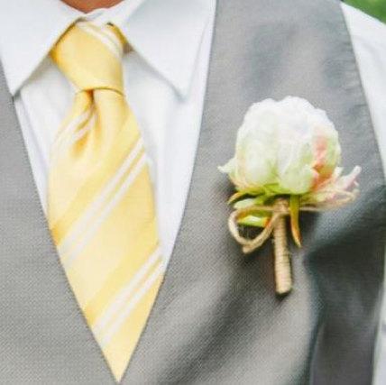 Wedding - Wedding Flowers, White, Ivory silk flower Peony bud boutonniere wrapped in jute for a country wedding.