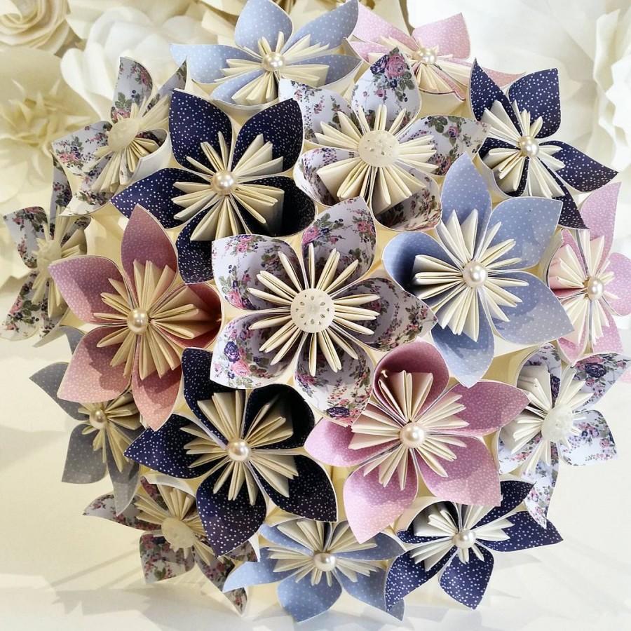 Wedding - Paper Flowers Bouquet origami bridal stationary UK rustic romantic pink navy blue vintage floral pearl theme silk foam button brooch dress